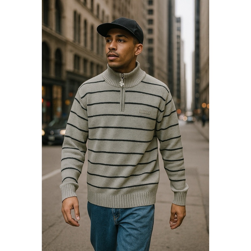 Vintage Southpole Men's 1/4 Zip Sweater Gray Black Striped Knit Pullover Size M
